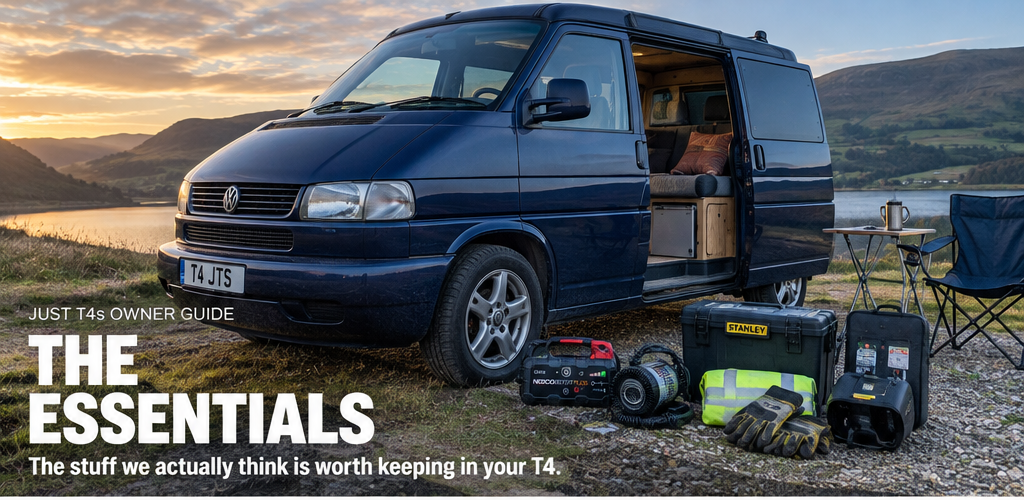 Volkswagen T4 camper with essential tools and roadside equipment