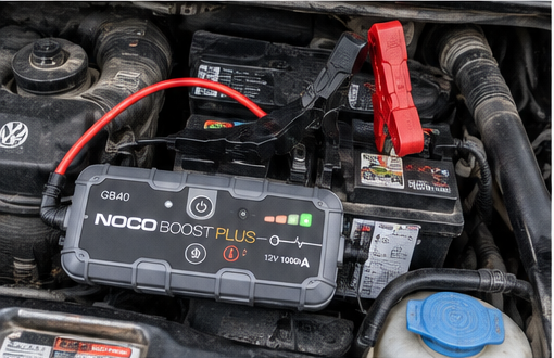 Portable jump starter connected to a Volkswagen T4 battery