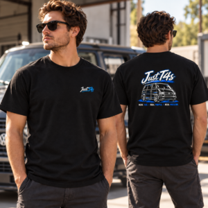 Black Just T4s Drop 001 T Shirt shown from the front and back with small chest logo and full T4 back artwork