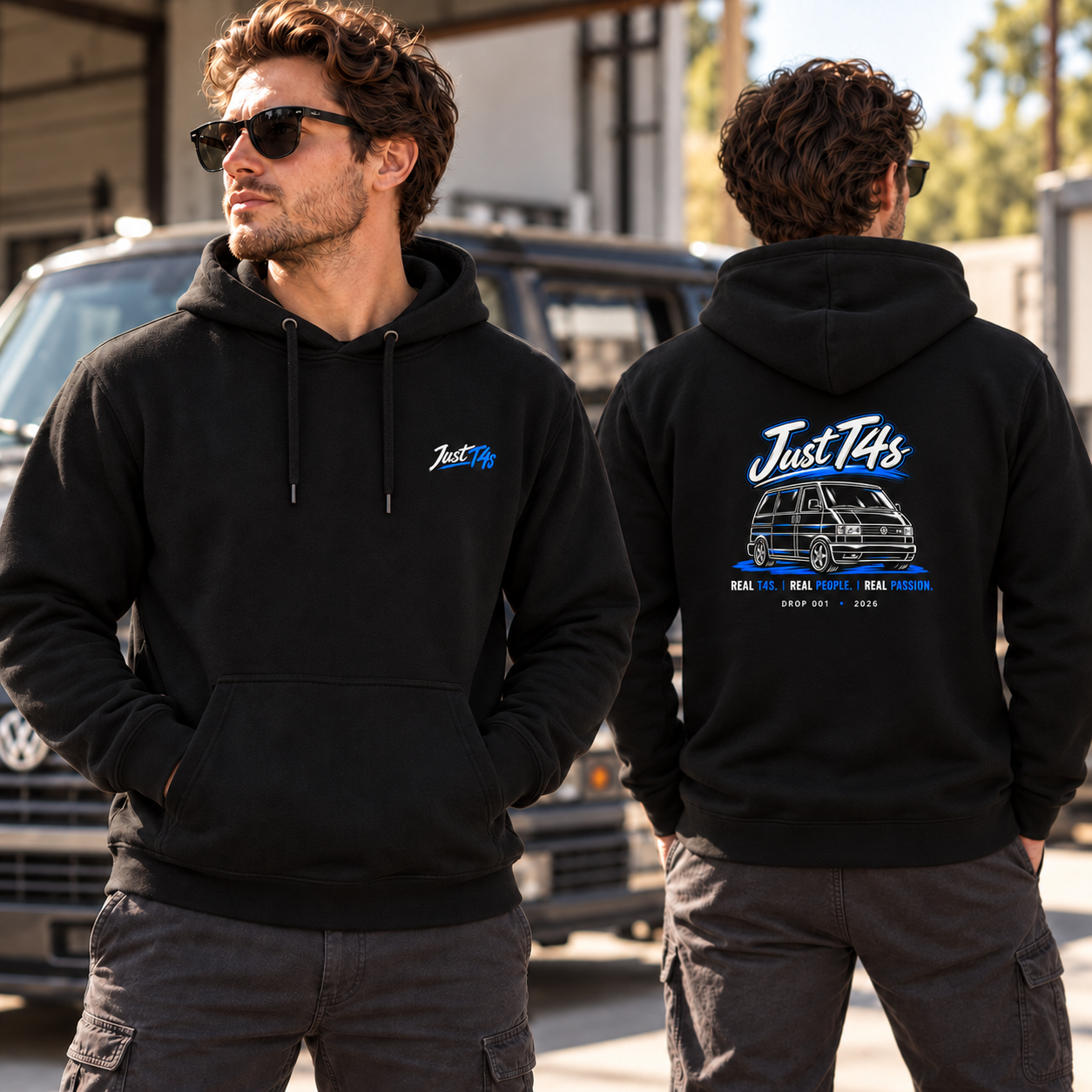Black Just T4s Drop 001 hoodie shown from the front and back with small chest logo and full T4 back artwork