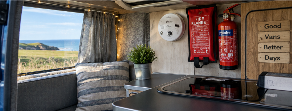 Volkswagen T4 camper interior with smoke alarm fire blanket and extinguisher