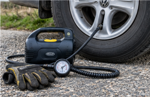 Tyre inflator and roadside equipment beside a Volkswagen T4 wheel