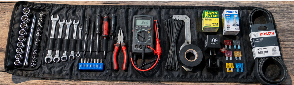 Compact metric tool kit with electrical spares and Volkswagen T4 parts